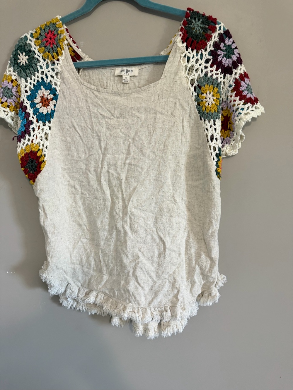 Crochet sleeve Beachy boho cotton/linen top size small